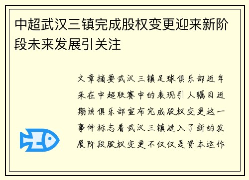 中超武汉三镇完成股权变更迎来新阶段未来发展引关注 中超武汉三镇完成股权变更迎来新阶段未来发展引关注