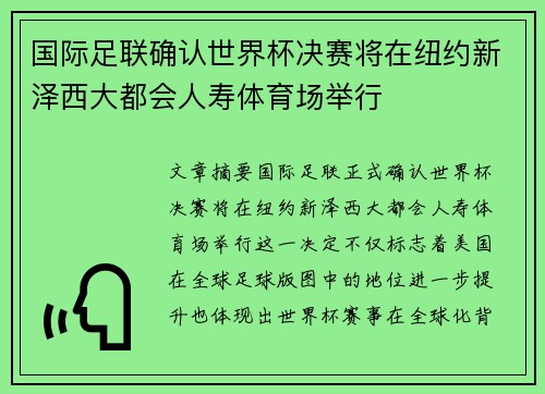 国际足联确认世界杯决赛将在纽约新泽西大都会人寿体育场举行
